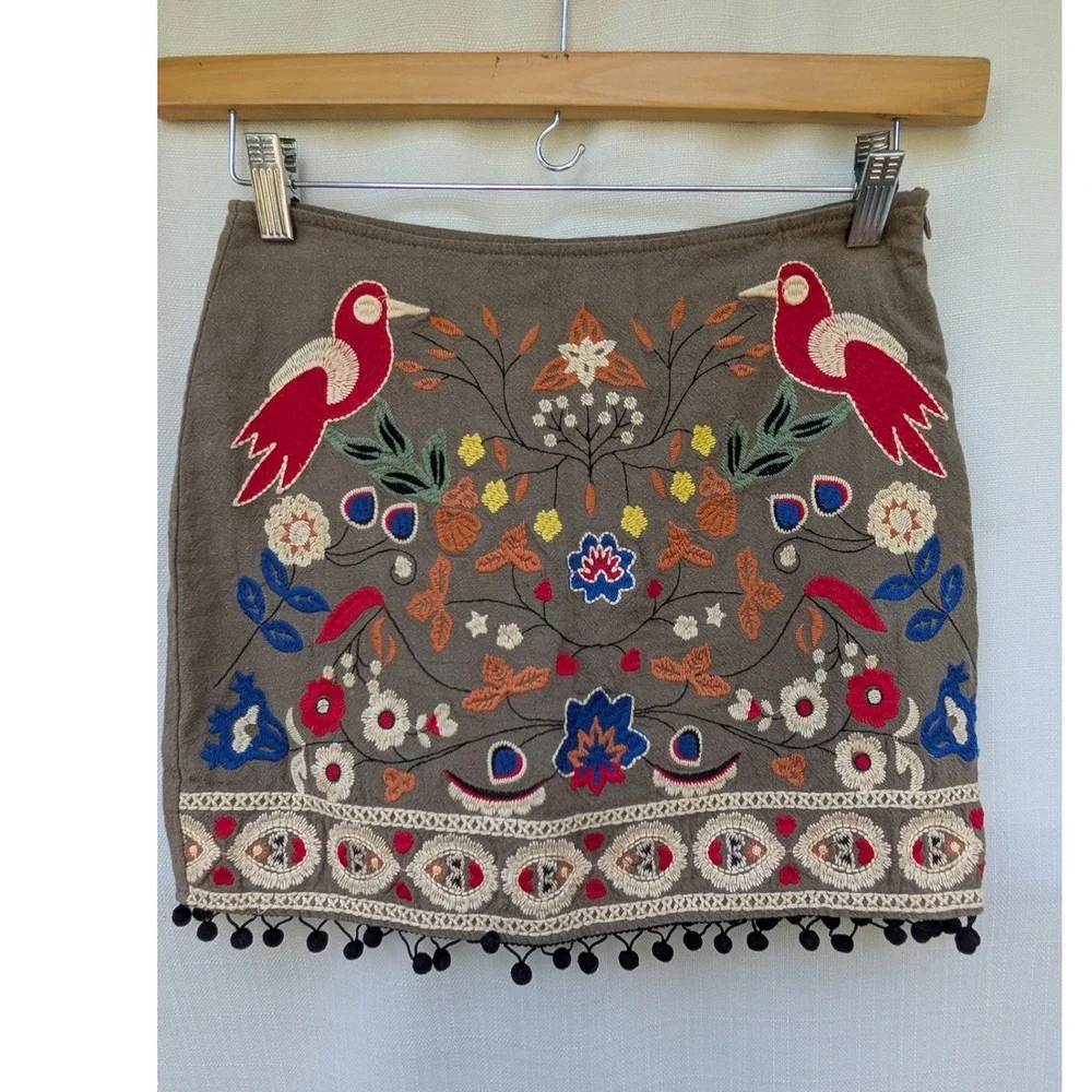 Altard State Linen Cotton Embroidered Mini Skirt Womens Small‎ S Brown Bird Folk